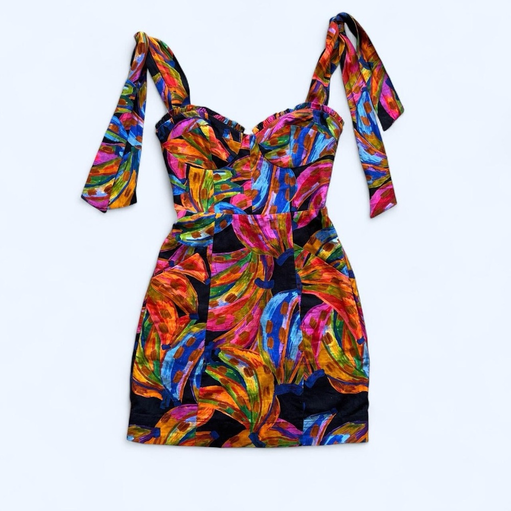 FARM Rio rainbow bananas linen cocktail mini dress | corset a-line | size XS